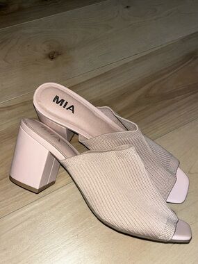 MIA Blush Pink Knit Open-Toe Block Heel Mules
